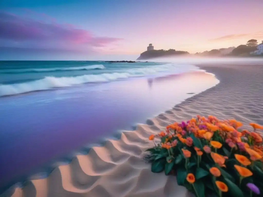 Playa serena al amanecer en Uruguay para meditar, rodeada de naturaleza y flores coloridas