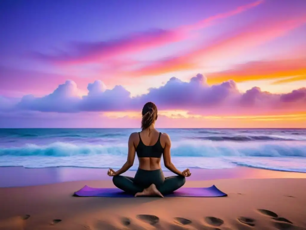 Playa tranquila al atardecer en Uruguay, con personas practicando yoga, bienestar integral