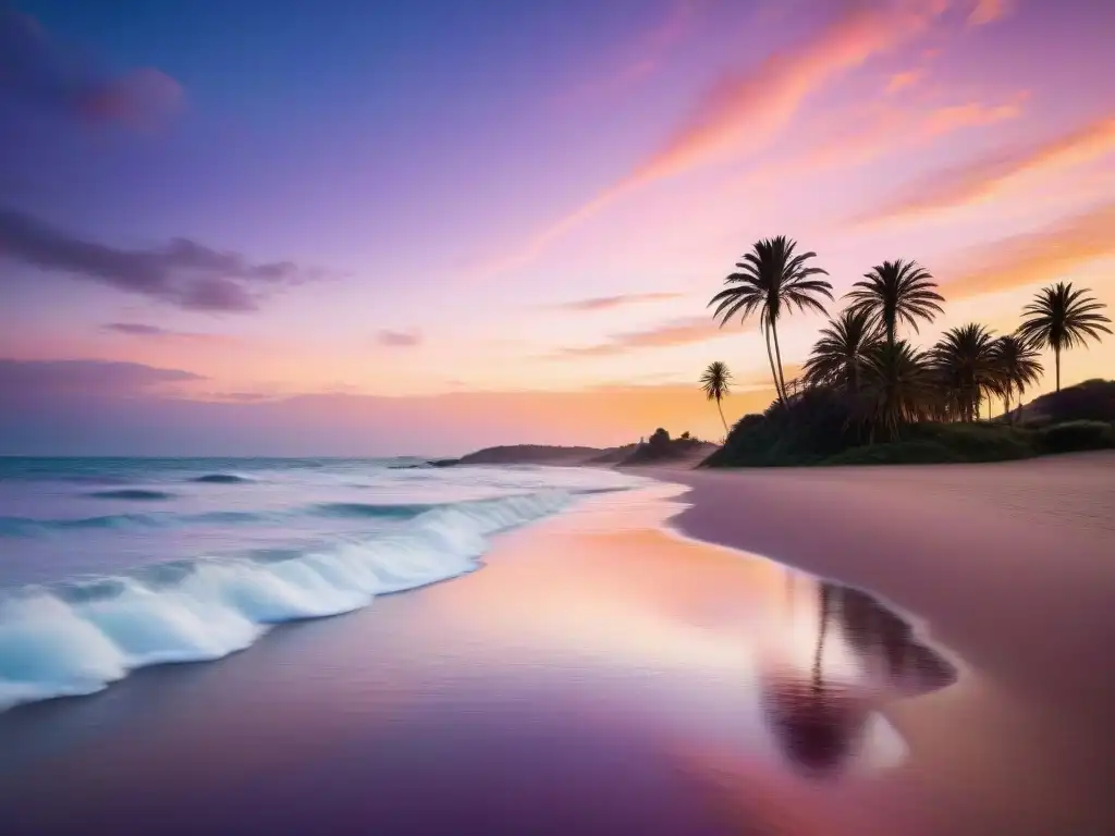 Playa uruguaya tranquila al atardecer, reflejos pastel en el agua con palmeras, evocando calma y serenidad