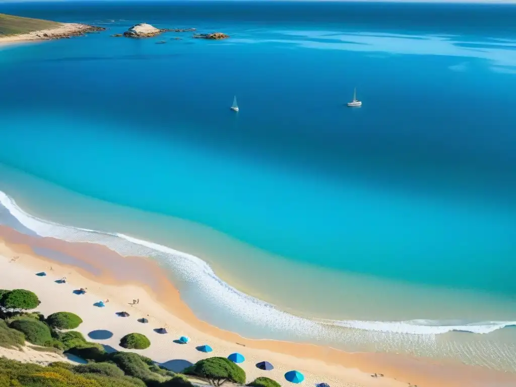 Playa vibrante en Uruguay con aguas turquesas y personas disfrutando de actividades al aire libre