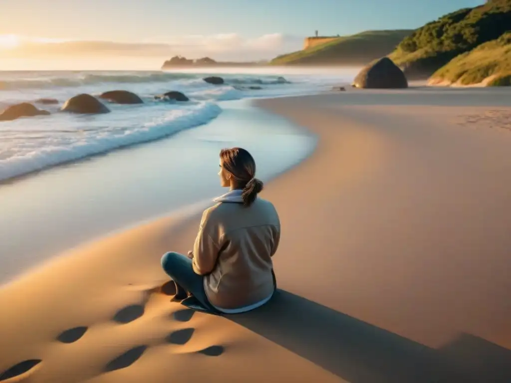 Meditación mindfulness en playas uruguayas al atardecer, con luz dorada suave iluminando olas y arena