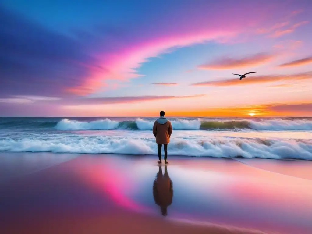 Mindfulness en playas uruguayas: Atardecer sereno con colores cálidos sobre el mar, persona practicando mindfulness en la arena