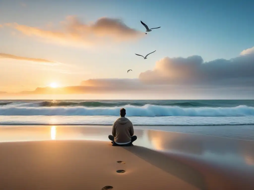 Práctica de mindfulness en playas uruguayas al atardecer