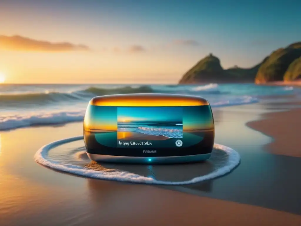 Playlist futurista en la playa de Uruguay al atardecer Playlist de música bienestar en Uruguay: un reproductor flotante en una playa al atardecer