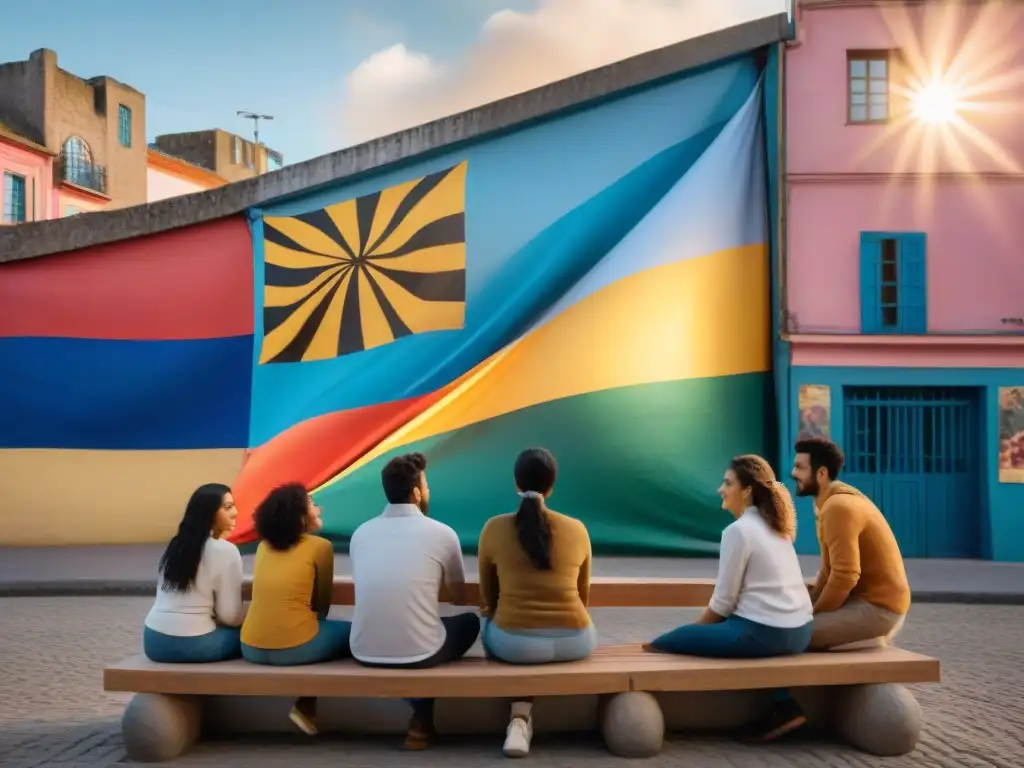 Una plaza bulliciosa en Uruguay, con gente de diversos orígenes disfrutando conversaciones, risas y intercambio cultural