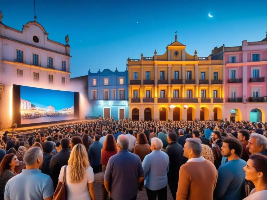 Plaza comunitaria en Uruguay con cine al aire libre y edificios antiguos