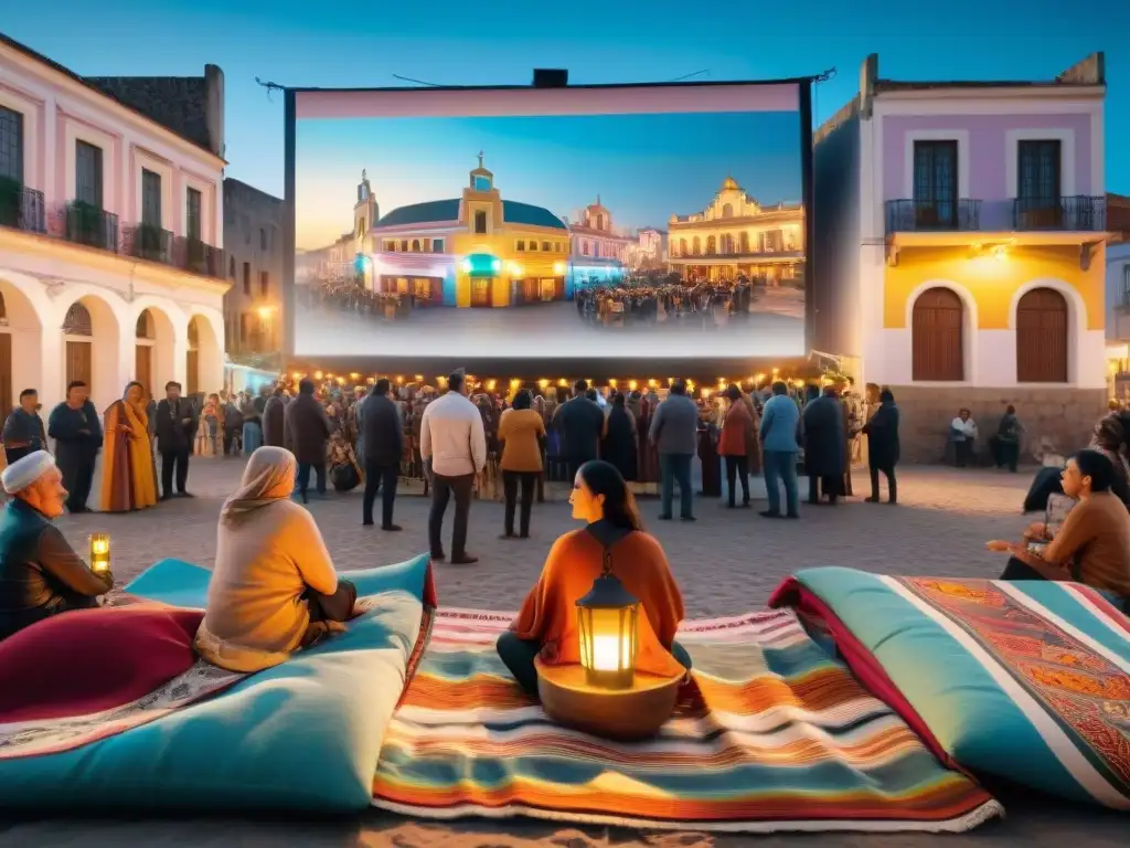 Una plaza comunitaria vibrante en Uruguay con proyección de cine al aire libre