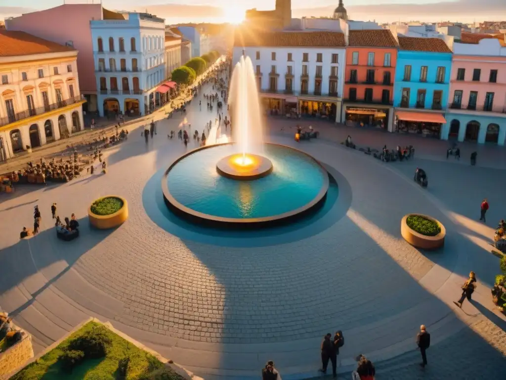 Una plaza uruguaya llena de vida al atardecer, con colores vibrantes y actividades comunitarias