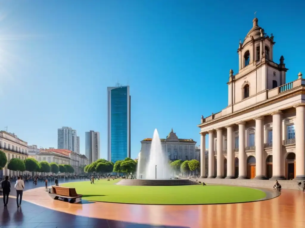 Plaza en Uruguay llena de vida y bienestar comunitario, con gente disfrutando de diversas actividades al aire libre