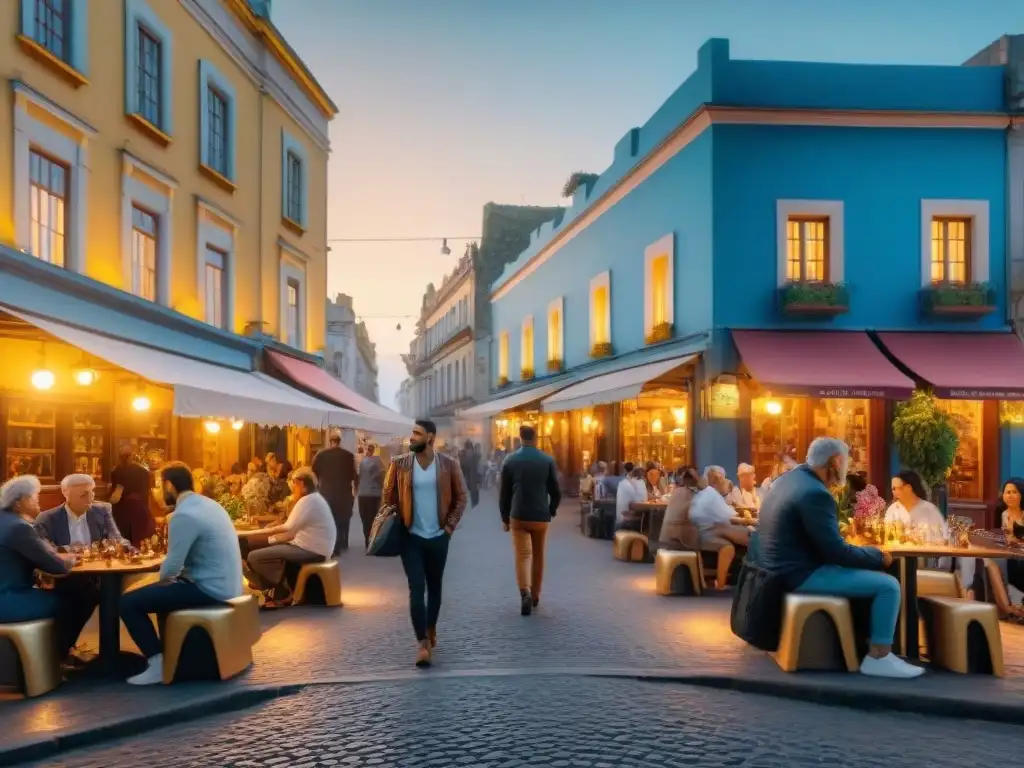 Plaza urbana en Uruguay: diversidad y vida en la ciudad Una plaza urbana bulliciosa en Uruguay con grupos diversos disfrutando de cafés al aire libre, arte callejero y vegetación exuberante