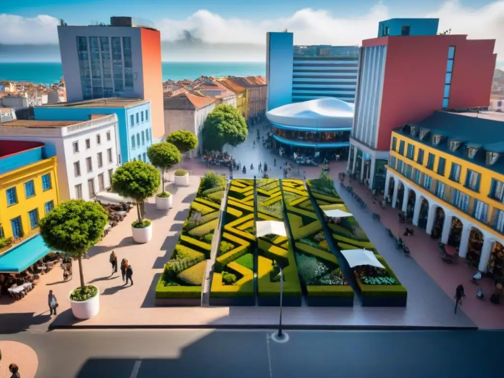 Plaza urbana sostenible en Uruguay: diversidad y vitalidad en la ciudad Plaza urbana vibrante en Uruguay con diversidad de personas disfrutando actividades al aire libre