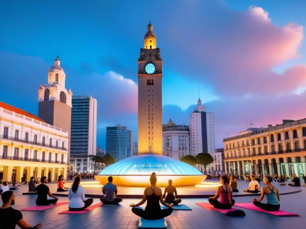 Una plaza vibrante en Montevideo, Uruguay, fusionando arquitectura tradicional y tecnología moderna