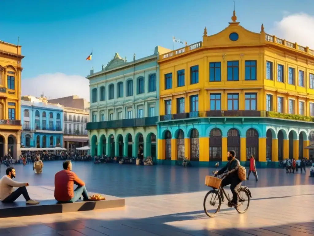 Plaza vibrante en Montevideo, Uruguay: equilibrio vida social bienestar Uruguay con diversidad de actividades y arte callejero