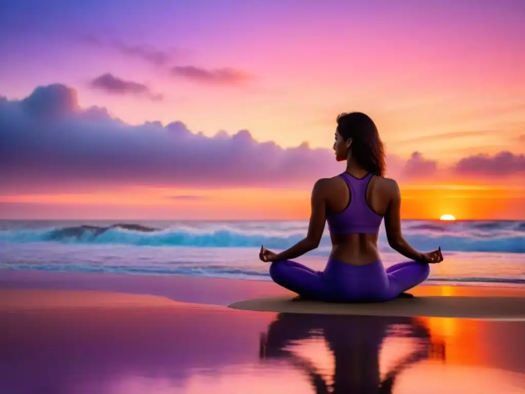 Recuperación post ejercicio en Uruguay: persona practicando yoga al atardecer en la playa