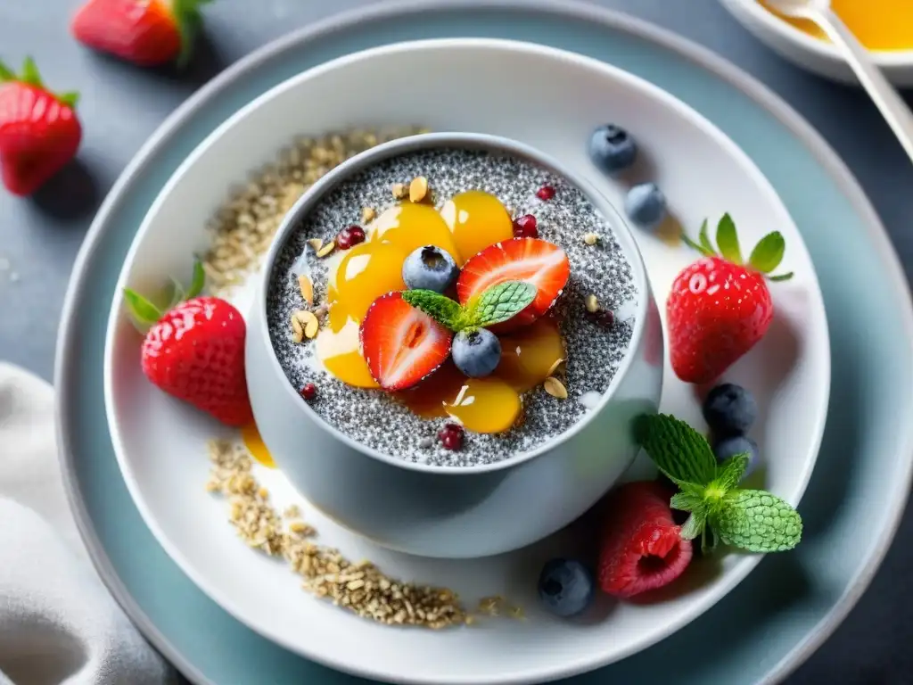 Postre saludable sin culpa: un delicioso chía pudding con bayas frescas, coco rallado y miel, decorado con una ramita de menta