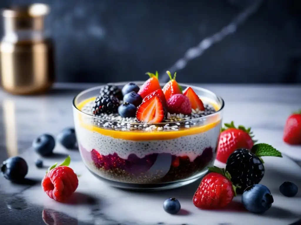 Postre saludable sin culpa: Chía pudding con bayas frescas, coco rallado y miel en un elegante tazón de cristal sobre encimera de mármol