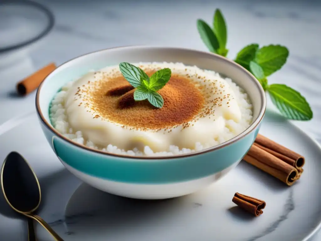 Postre saludable Uruguay: Arroz con Leche moderno, decorado con canela y menta fresca en elegante plato sobre mármol blanco