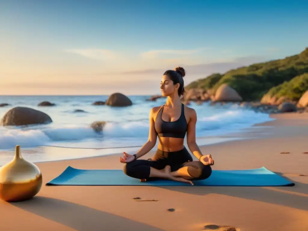 Practicante de yoga en playa de Uruguay al atardecer, con mate y ambiente sereno