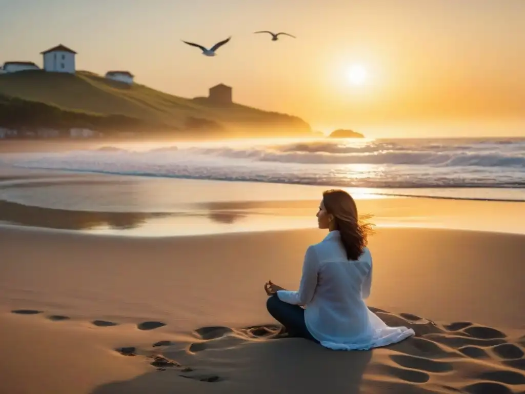 Practicante de mindfulness en la playa de Uruguay al atardecer, con una serenidad que invita a la calma