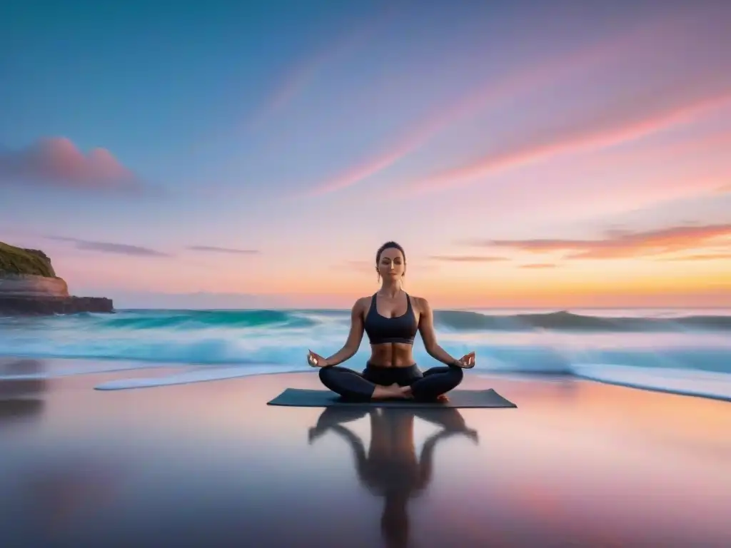 Practicante de yoga en la playa de Uruguay al amanecer, reflejando el ciclo del estrés en Uruguay