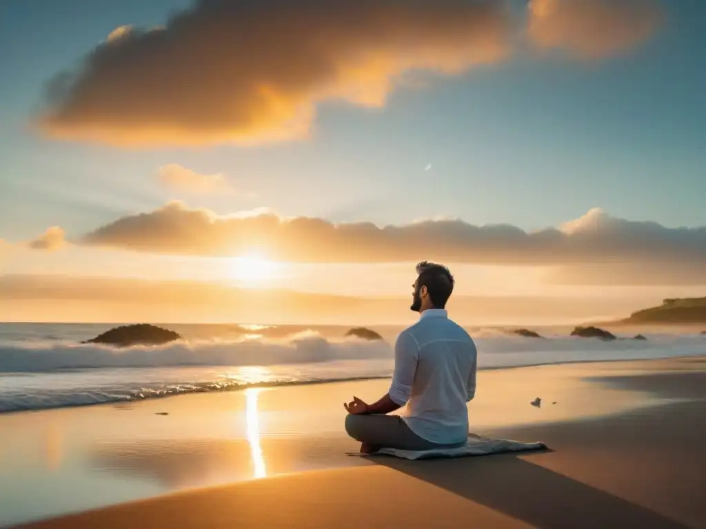 Practicante de mindfulness en una playa tranquila de Uruguay al atardecer, rodeado de paz y serenidad