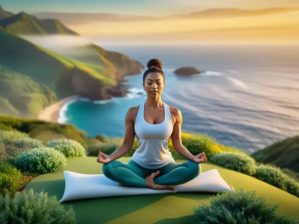 Practicante de yoga en una colina verde, frente al mar al atardecer en Uruguay, transmitiendo paz y autocuidado integral