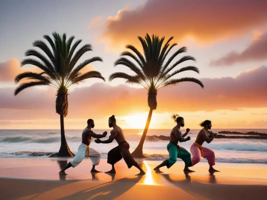 Practicantes de capoeira en la playa de Uruguay al atardecer