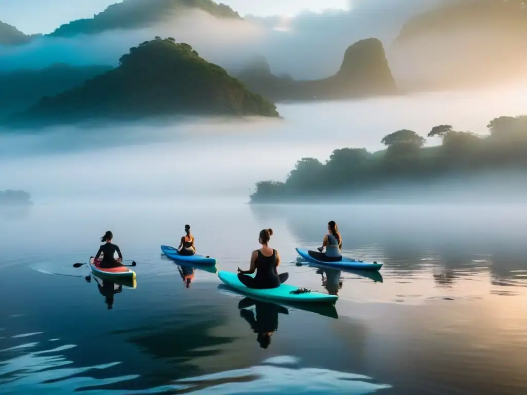 Practicantes de yoga en paddleboards en el Río Uruguay al amanecer, creando una atmósfera mística