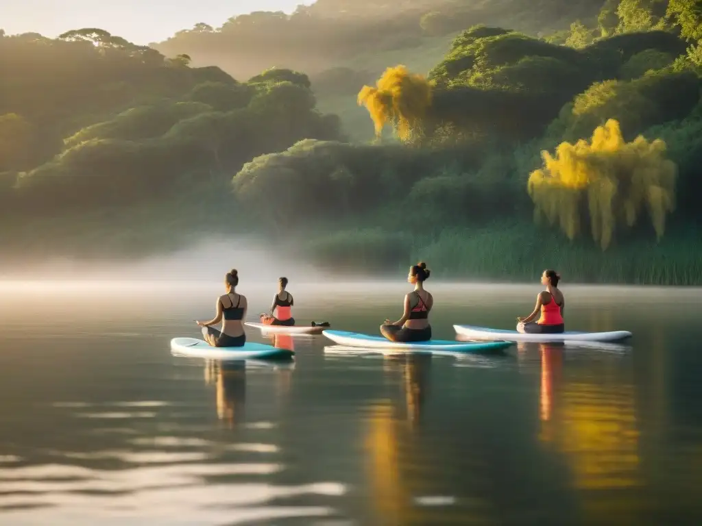 Practicantes de yoga en el Río Uruguay realizando saludos al sol en paddleboards al atardecer, reflejos en el agua serena