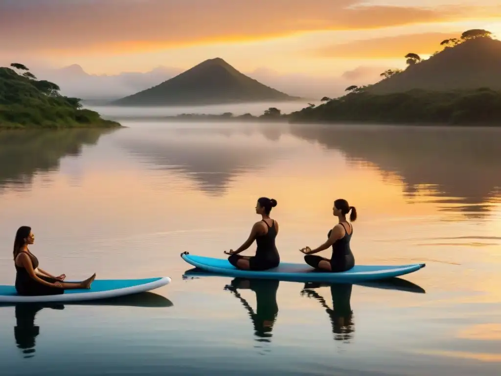 Practicantes de yoga en tabla en el Río Uruguay al atardecer, armonía entre naturaleza y meditación