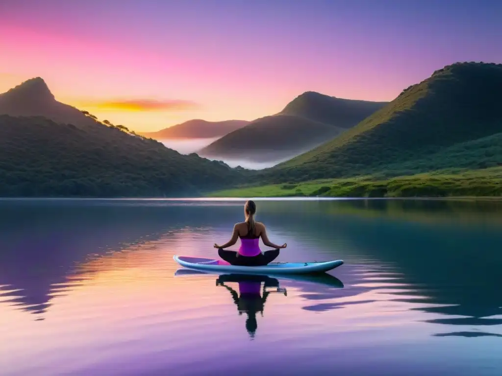 Prácticas de autoayuda en Uruguay: Amanecer sereno sobre Laguna Garzón con figura practicando yoga en paddleboard