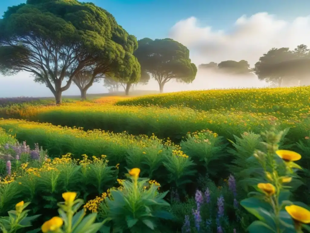 Pradera floreciente en Uruguay con abejas revoloteando bajo el sol