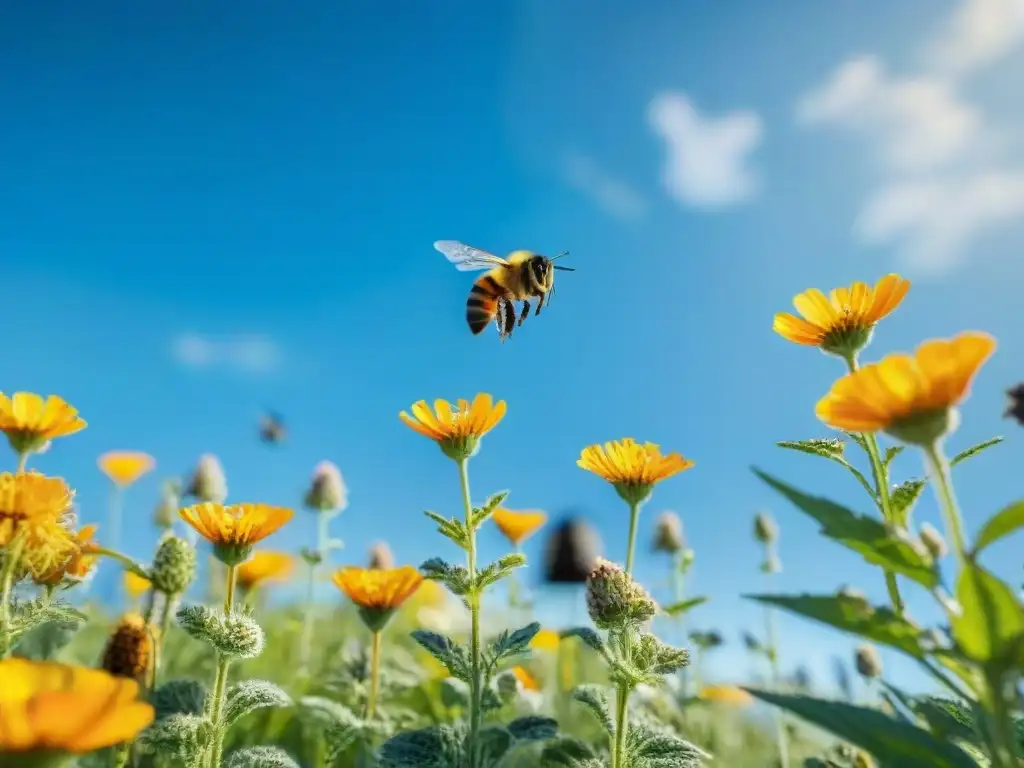 Una pradera llena de flores silvestres en colores vibrantes, con abejas y mariposas revoloteando bajo el cielo azul en un día soleado