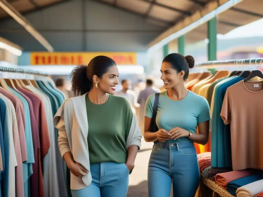 Explorando prendas sostenibles en un mercado de Uruguay lleno de coloridas opciones de moda ecofriendly