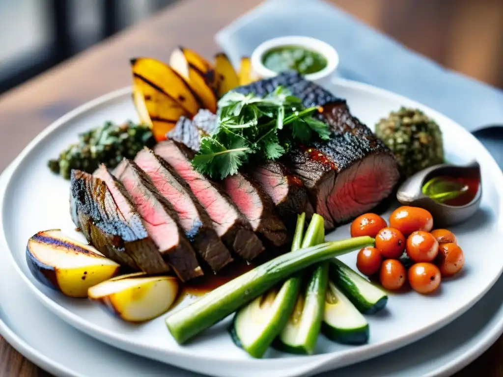 Deléitate con una presentación exquisita de posta negra uruguaya saludable: jugosa carne acompañada de vegetales y chimichurri vibrante