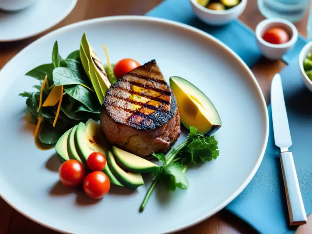 Una presentación moderna y vibrante de comidas saludables típicas uruguayas en un elegante plato