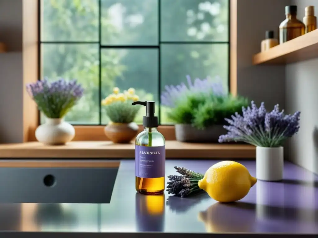 Productos de limpieza naturales para un hogar saludable, con botellas de vidrio y aromas frescos en una cocina moderna y elegante