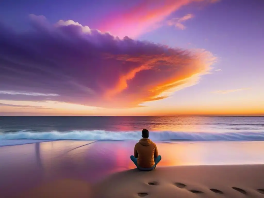 Un profesional encuentra equilibrio vida trabajo en la serenidad de la costa de Uruguay al atardecer