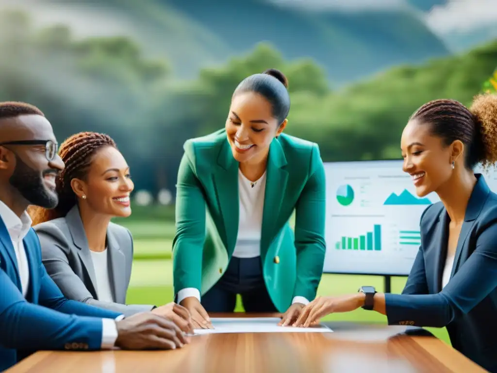 Profesionales en actividad de trabajo en equipo al aire libre, fomentando bienestar corporativo en Uruguay