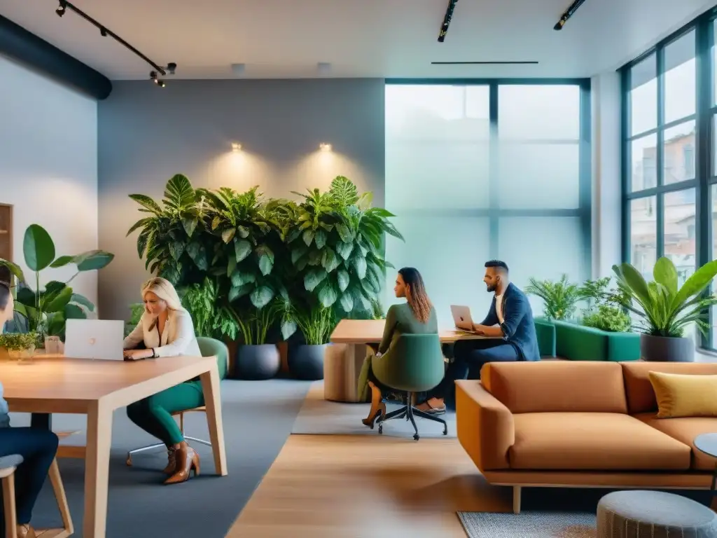 Profesionales colaborando en un coworking bienestar laboral en Uruguay, con luz natural y plantas vibrantes