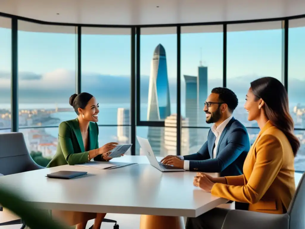 Profesionales debatiendo estrategias financieras en oficina moderna de Montevideo, reflejando innovación en gestión financiera personal en Uruguay