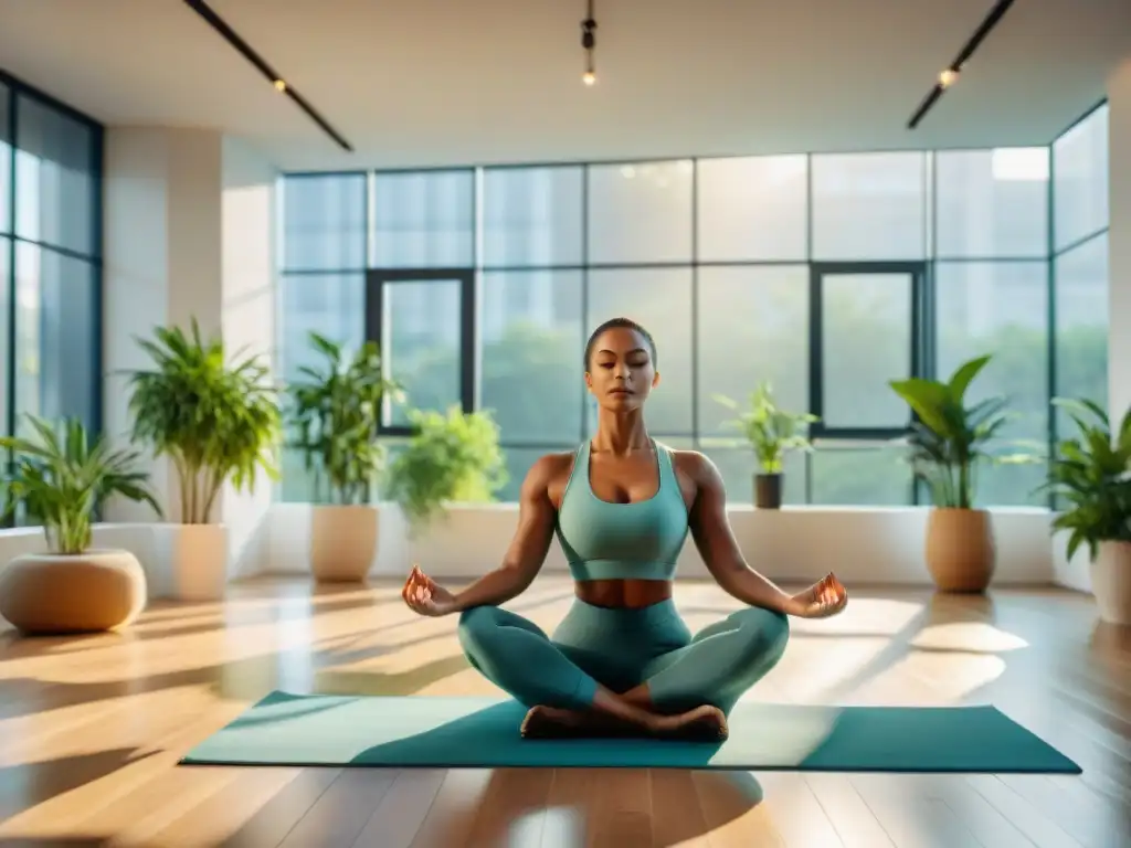 Profesionales en oficina practican yoga, reflejando bienestar corporativo en Uruguay