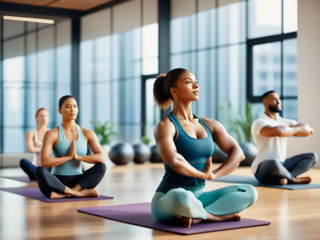 Profesionales en oficina uruguaya ejercitándose juntos en un gimnasio moderno, resaltando la importancia de la actividad física