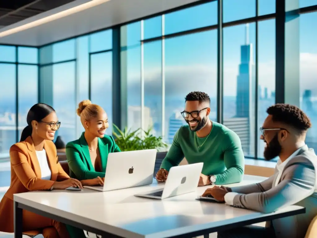 Profesionales colaborando en oficina moderna, fomentando bienestar laboral en Uruguay