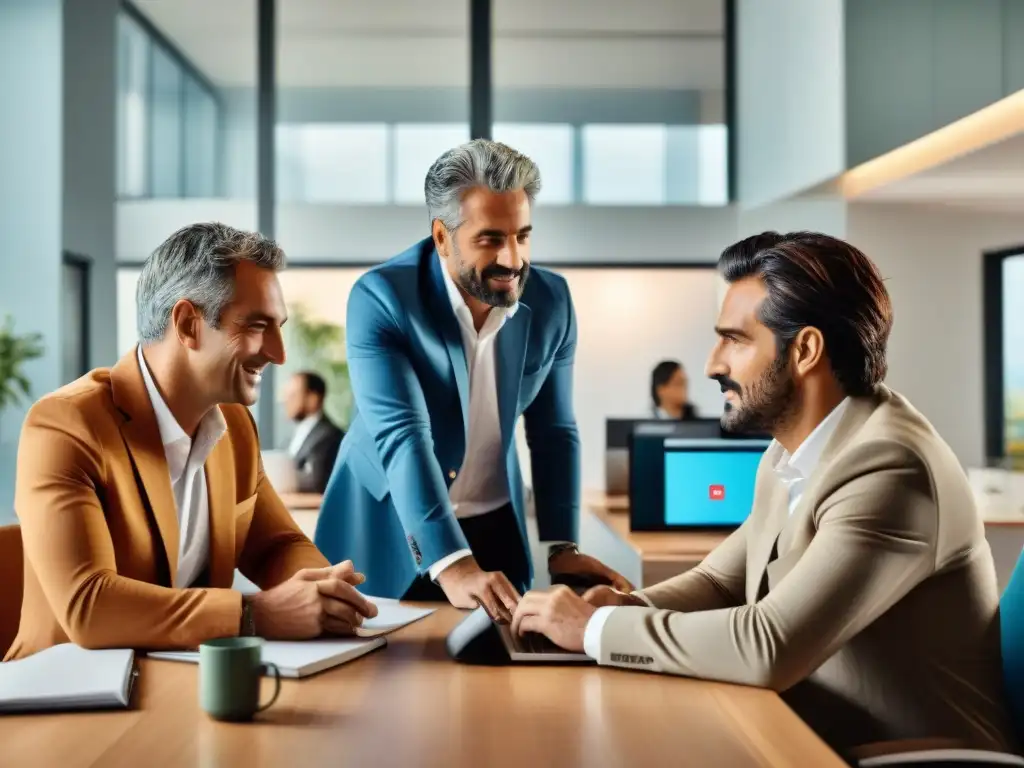 Profesionales colaboran en oficina moderna en Uruguay, reflejando estrategias bienestar familia trabajo