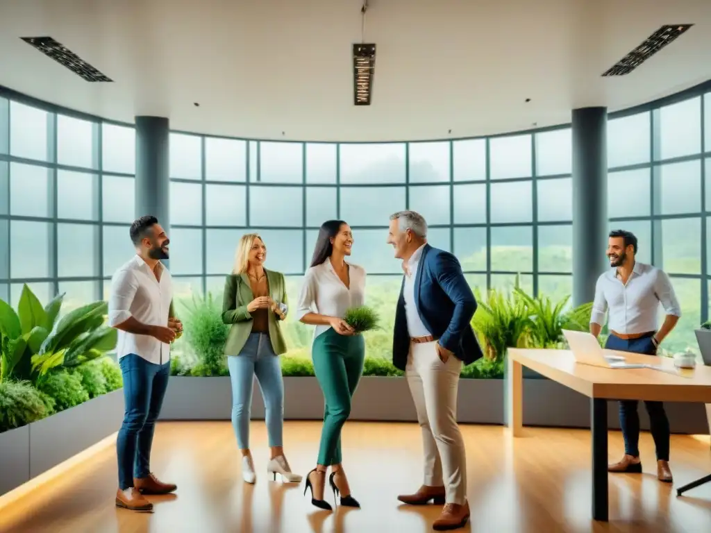 Profesionales en oficina moderna en Uruguay, con sonrisas y espíritu colaborativo, rodeados de plantas y luz natural