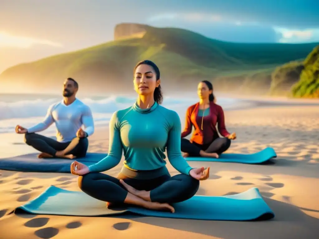 Profesionales en retiro de bienestar practican yoga al amanecer en la playa de Uruguay