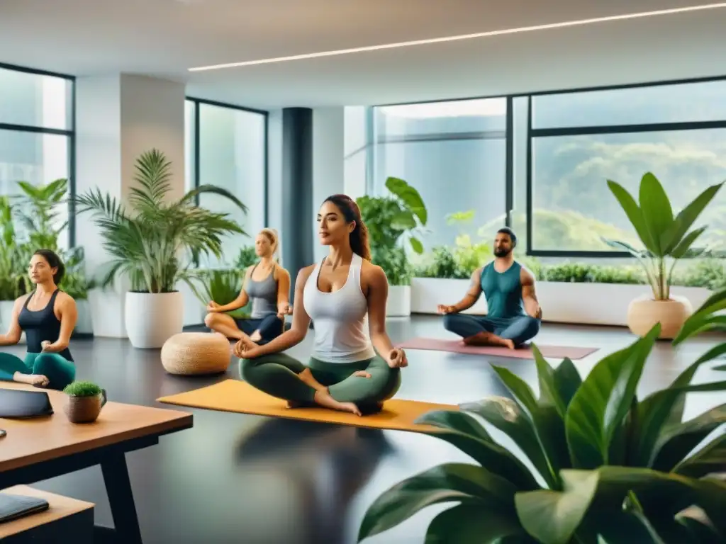 Profesionales uruguayos practicando yoga y meditación en oficina moderna