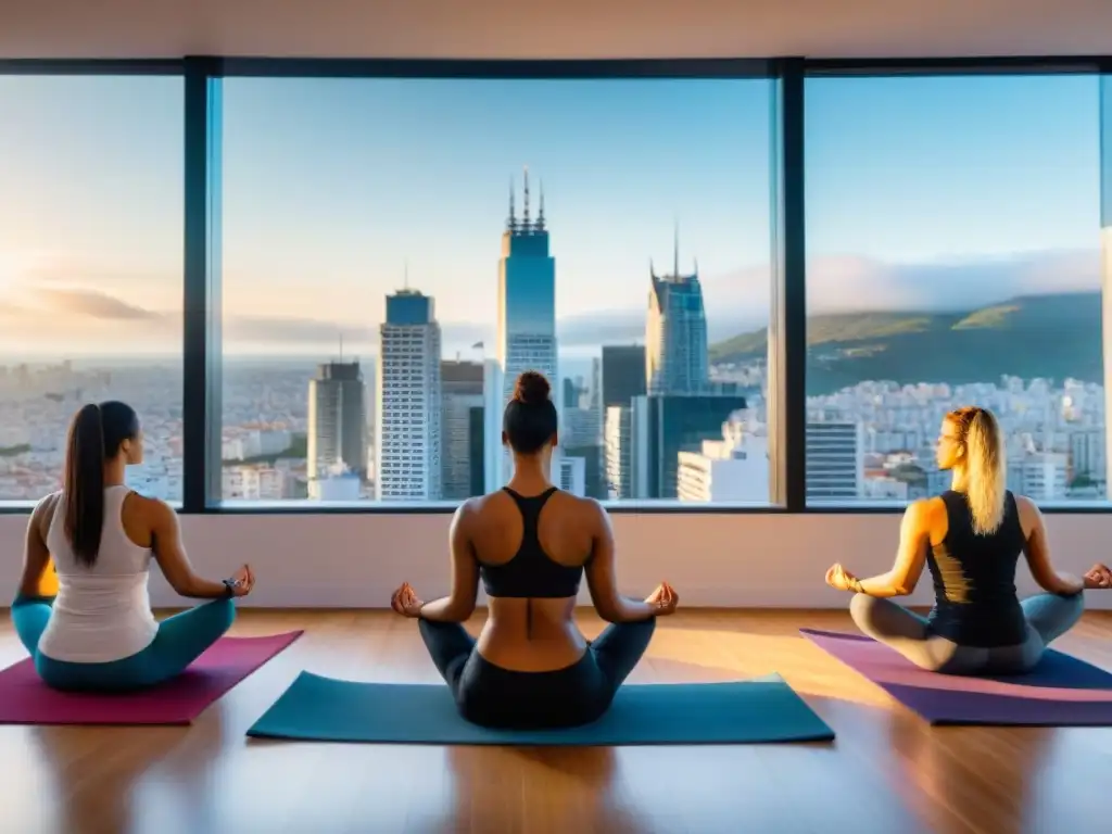 Profesionales practican yoga juntos en moderna oficina en Uruguay, con vista a la ciudad