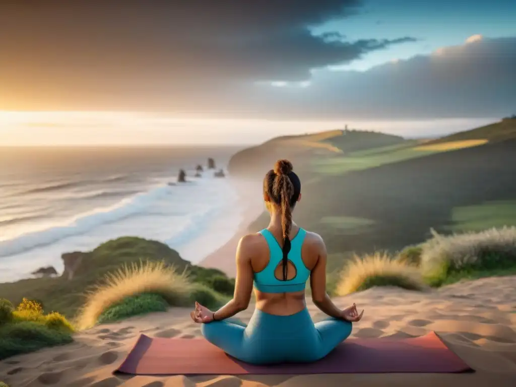 Profesora de yoga guía clase al aire libre en la costa uruguaya al atardecer, destacando los beneficios del yoga para el bienestar en Uruguay